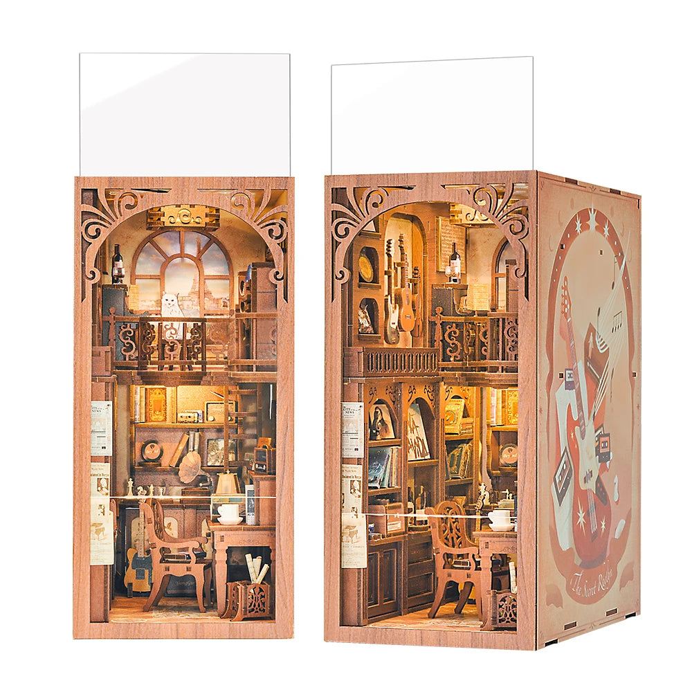 Wooden Dollhouse Kit Miniature Doll House Kits Booknook Bookshelf Book Nook with Dust Cover Bookends Christmas Gift