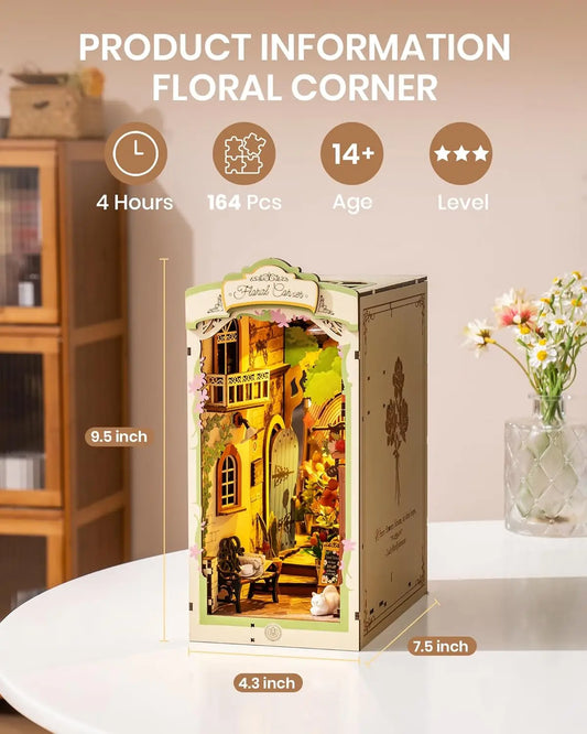 Floral Corner Book Nook Kits with LED Lights Miniature 3D Wooden Puzzle Bookend Book Shelf Decoration Gifts for Adults