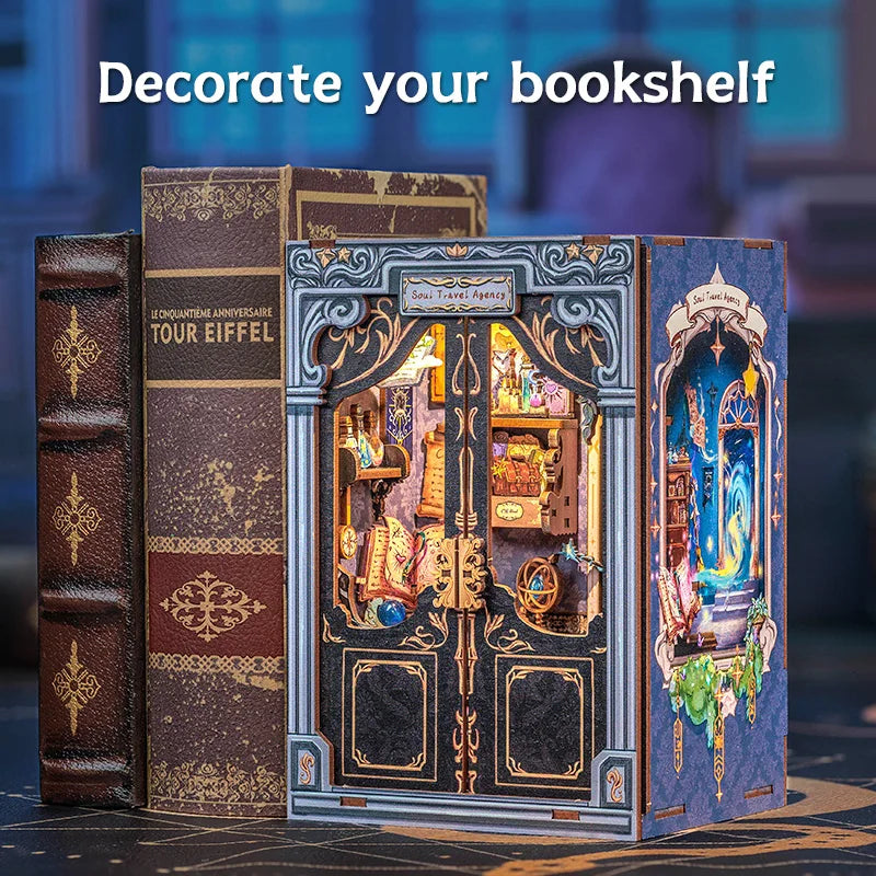 Book Nook DIY Mini Dollhouse with Light Wooden Bookshelf Insert Soul Travel Agency Booknook Decor 3D Puzzle for Gifts