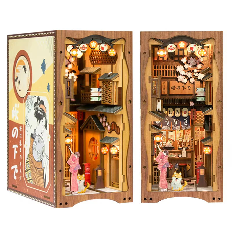 Handmade Craft Japanese Theme Sakura Theme Diy Book Nook with Light Night Light Model Dollhouse