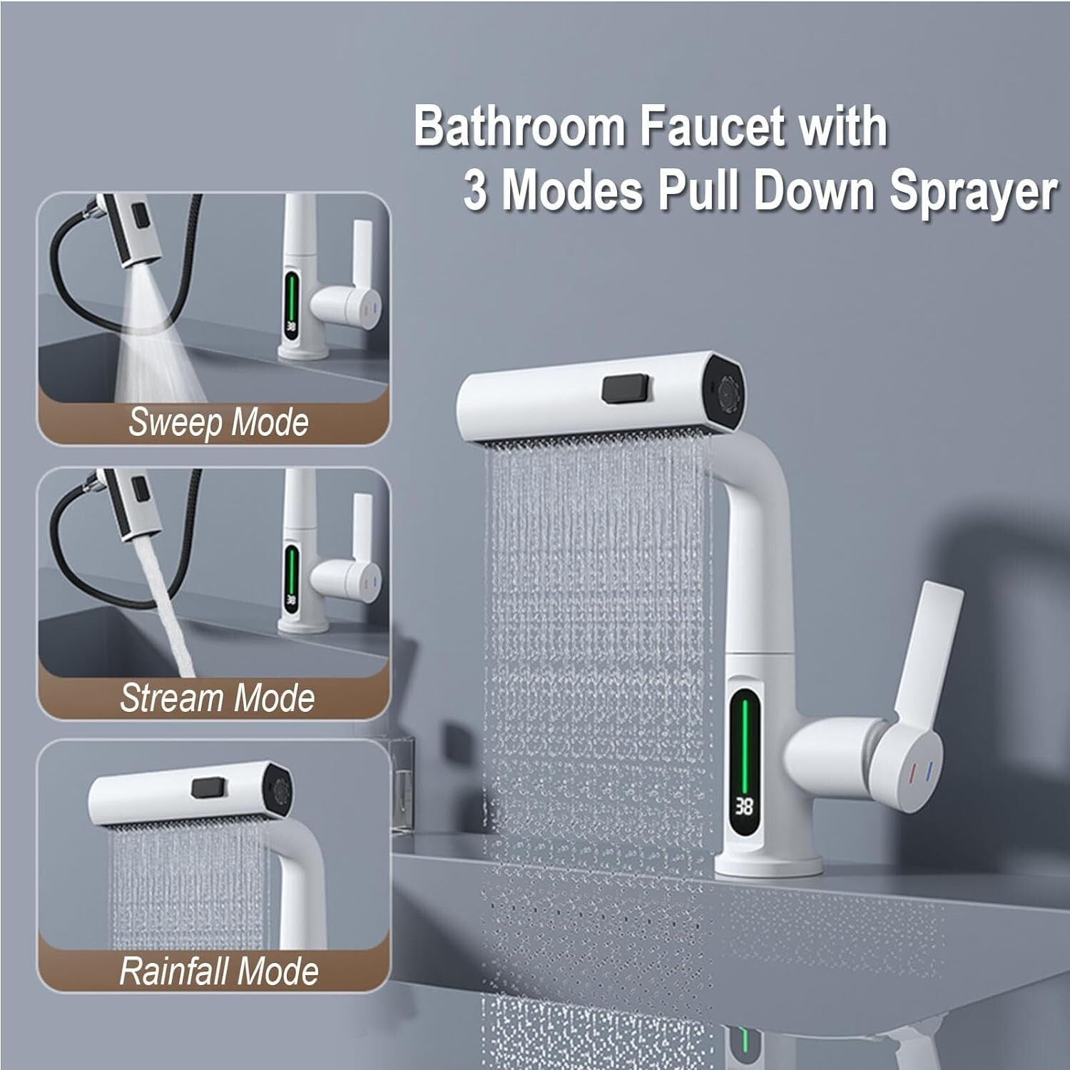 Modern Digital Bathroom Sink Faucet Single Handle Pull-Up Vanity Sink Faucet,...