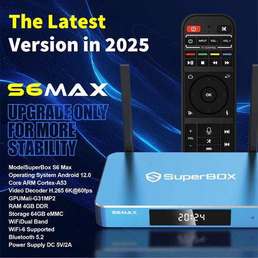 Super Box S6 Max 2025 Fully Loaded, 4GB RAM+64GB ROM, Superbox S6 Max Smart TV Box with Voice Remote, 2T2R Dual Band Wifi, Easy Setup Guide & Phone Support by Authorised Seller
