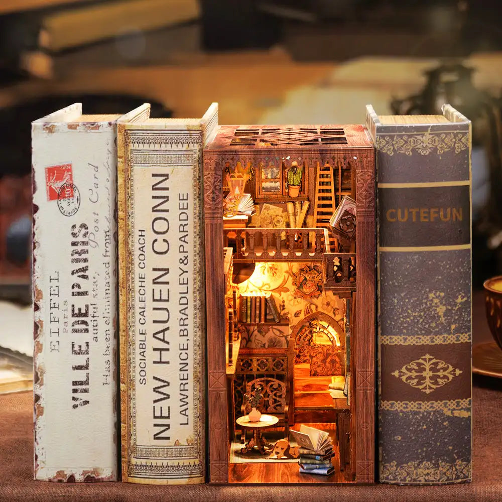 Wooden Dollhouse Kit Miniature Doll House Kits Booknook Bookshelf Book Nook with Dust Cover Bookends Christmas Gift