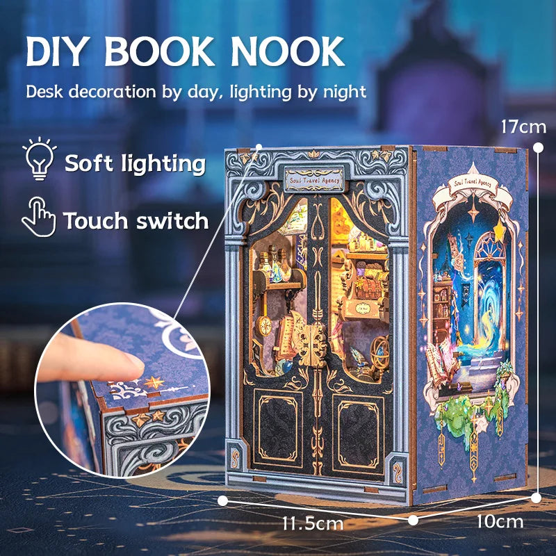 Book Nook DIY Mini Dollhouse with Light Wooden Bookshelf Insert Soul Travel Agency Booknook Decor 3D Puzzle for Gifts