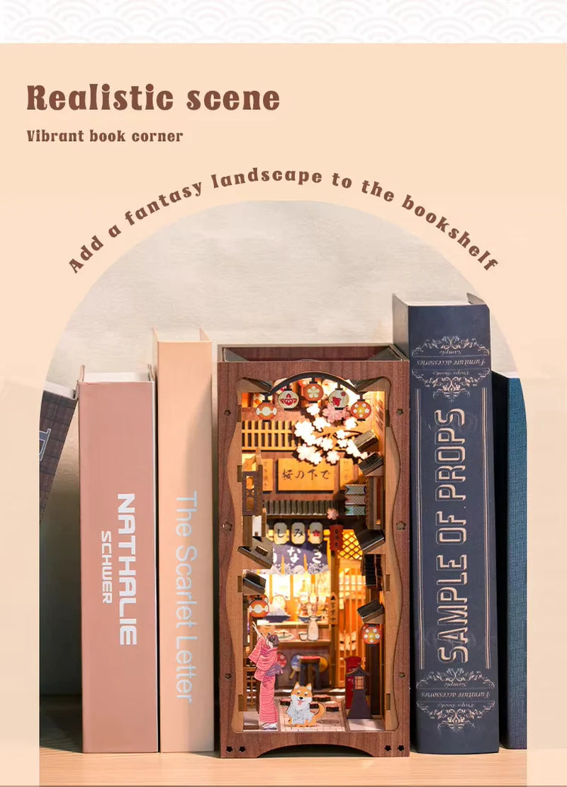 Handmade Craft Japanese Theme Sakura Theme Diy Book Nook with Light Night Light Model Dollhouse
