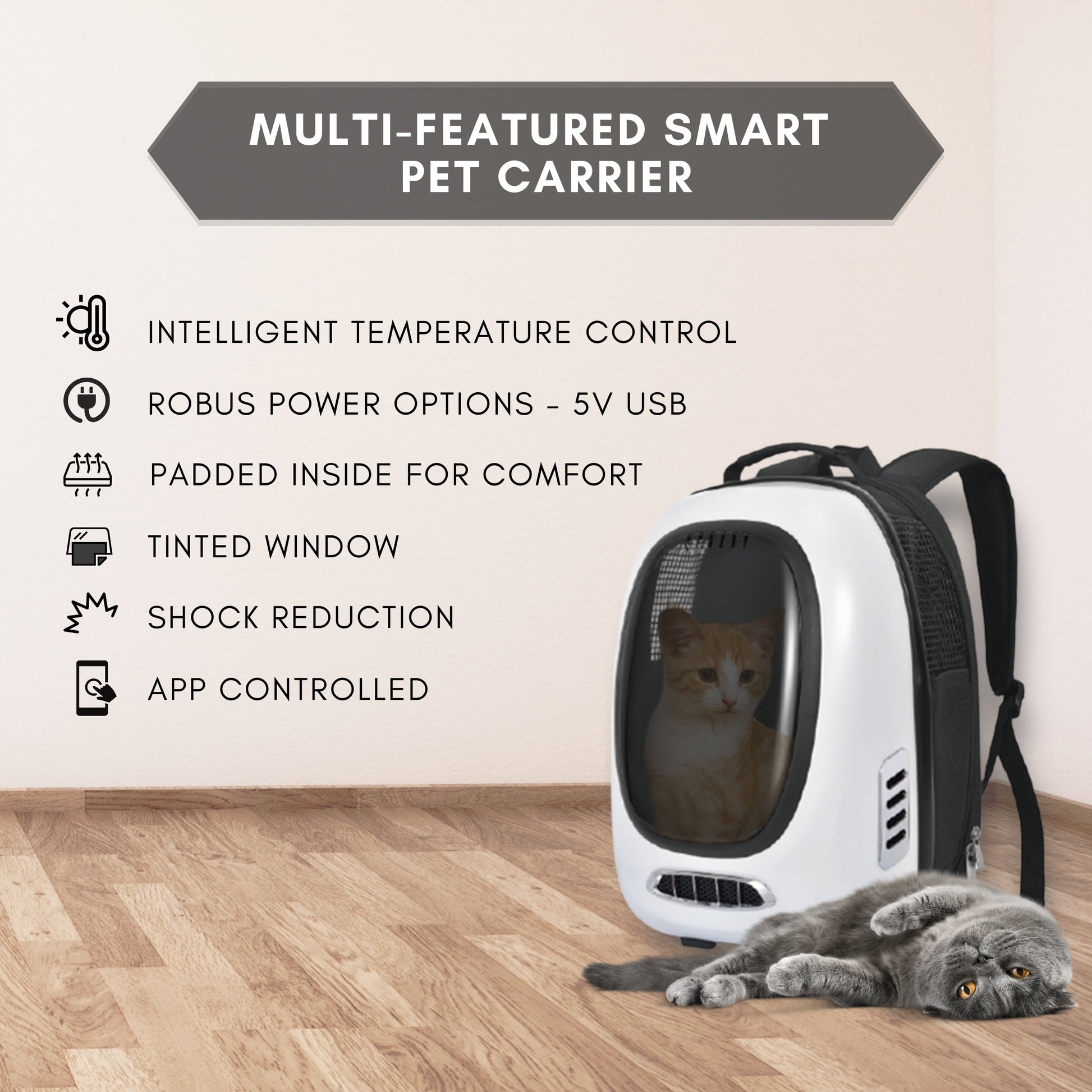 Trekpod Smart Pet Carrier Backpack for Cats, Small Dogs and Puppies Upto17 Lbs, Intelligent Temperature Control, App- Enabled with 5V USB Portable Outlet, Hiking & Outdoor Use (White)