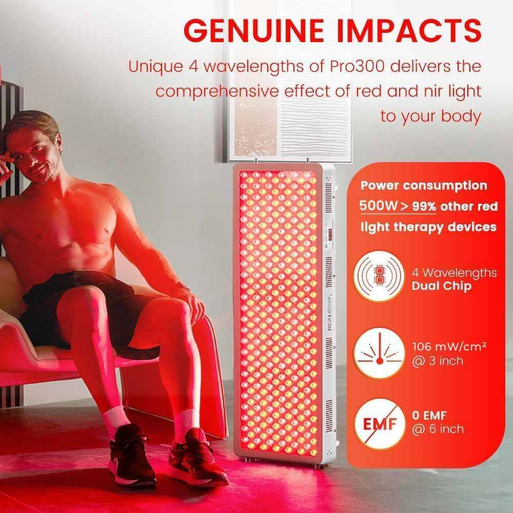 Red Light Therapy Device, 4 Wavelengths Full Body Infrared Red Light Therapy, Elite Grade Dual Chip 300 Leds, High Power Panel for Pain Relief, Muscle, Skin, Energy. 500W. Modular Design.
